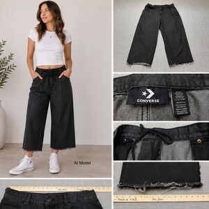 Y2K Wide Leg Cropped Black Jeans Womens XXL Raw Hem Skater Drawstring Baggy